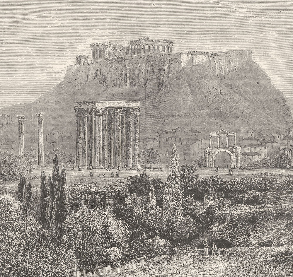 ATHENS. Ruins of the Temple of Jupiter and the Acropolis, Greece 1893 print
